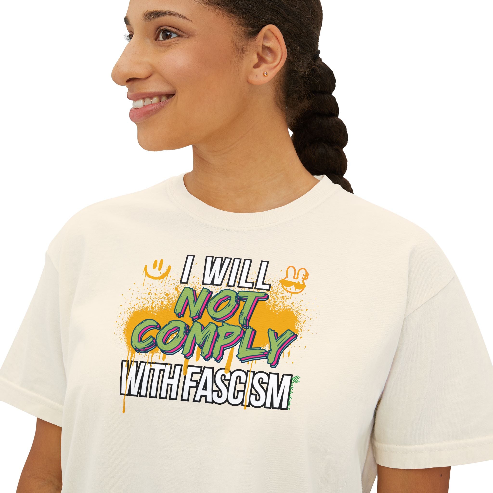 Boxy Crop Tee - I Will Not Comply with Fascism Statement Tee