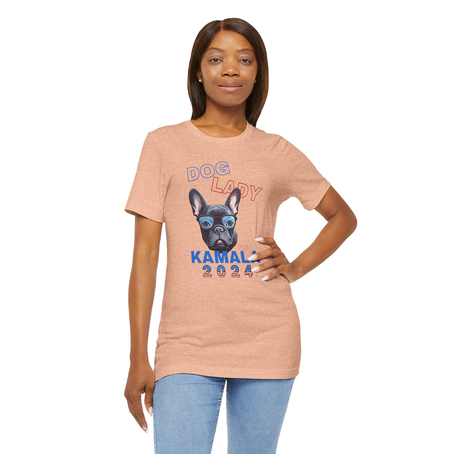 Dog Lady For Kamala Jersey Tee- Frenchie, Double-Sided Design