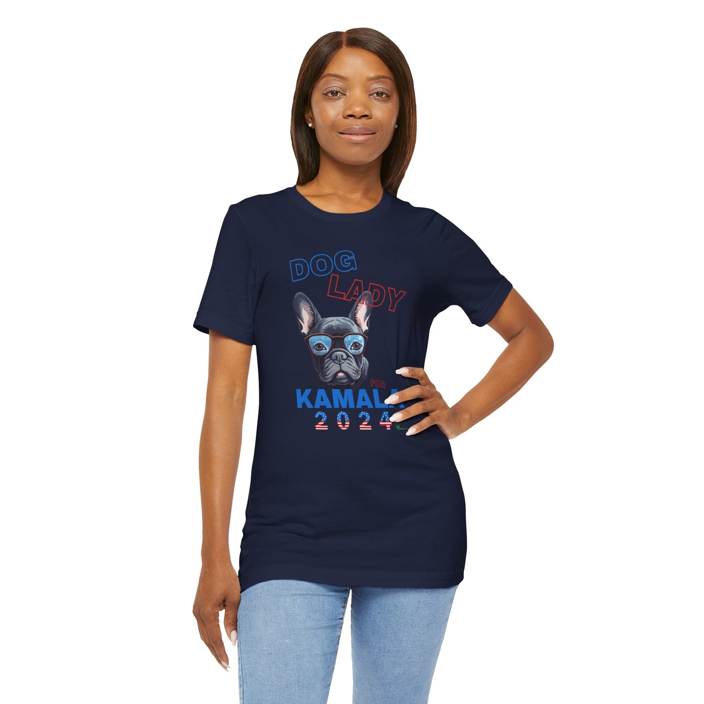 Dog Lady For Kamala Jersey Tee- Frenchie, Double-Sided Design