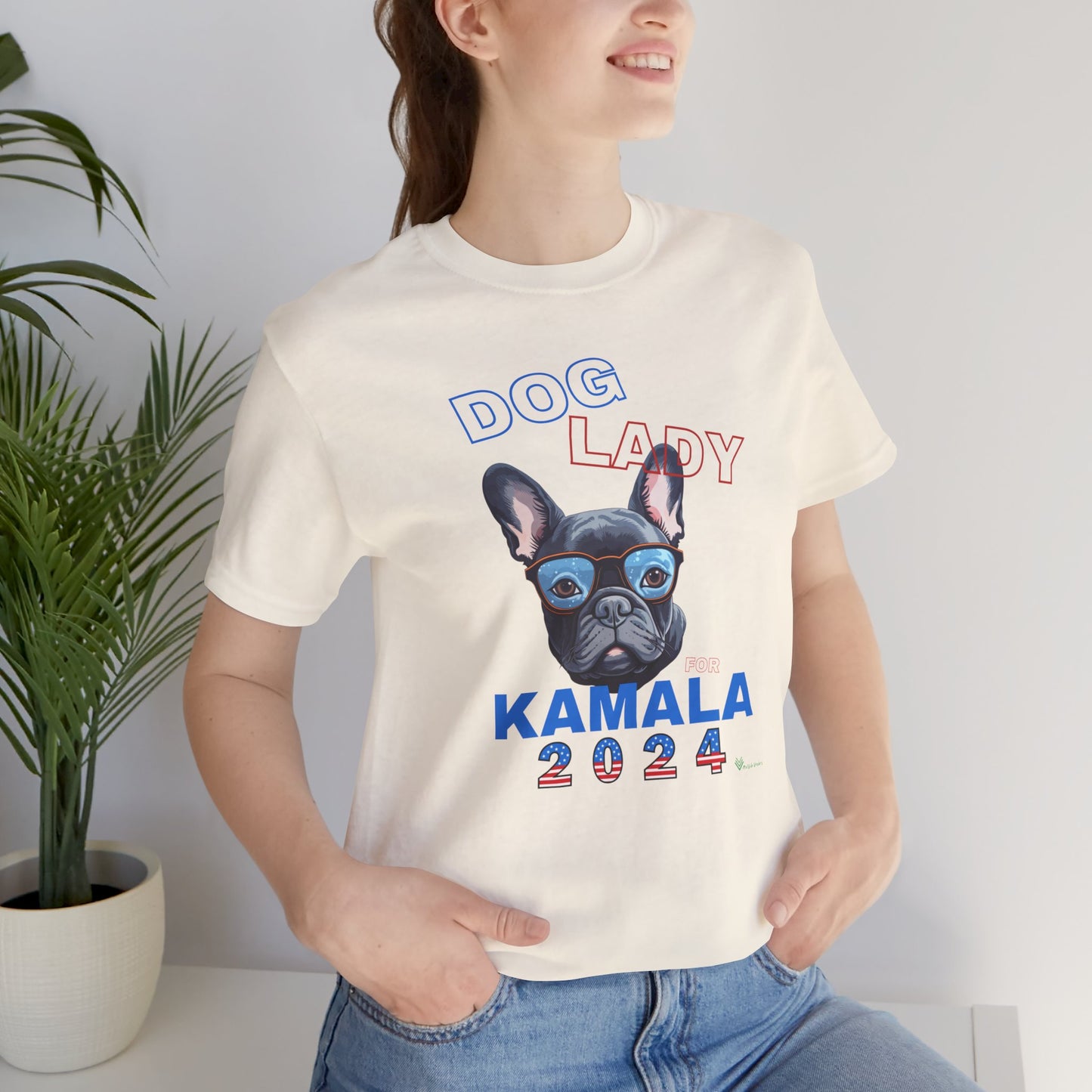 Dog Lady For Kamala Jersey Tee- Frenchie, Double-Sided Design