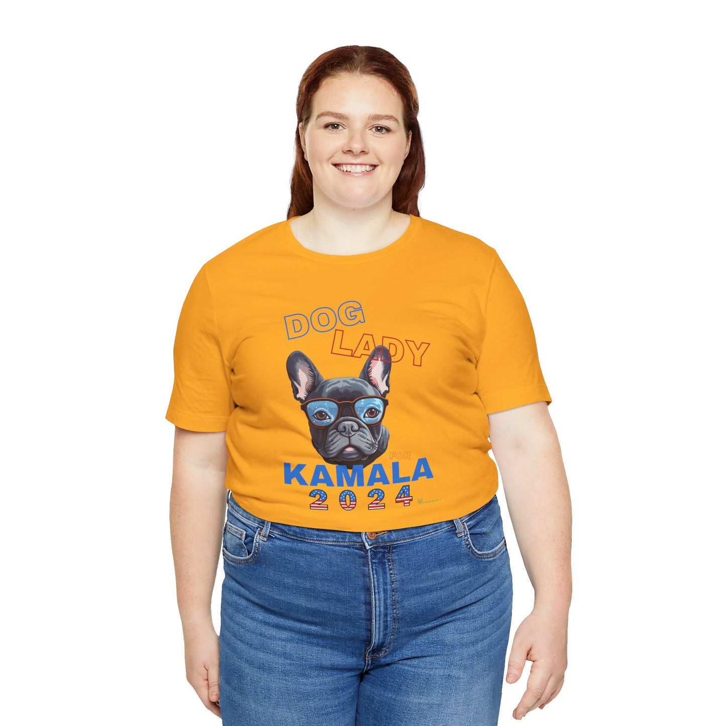 Dog Lady For Kamala Jersey Tee- Frenchie, Double-Sided Design