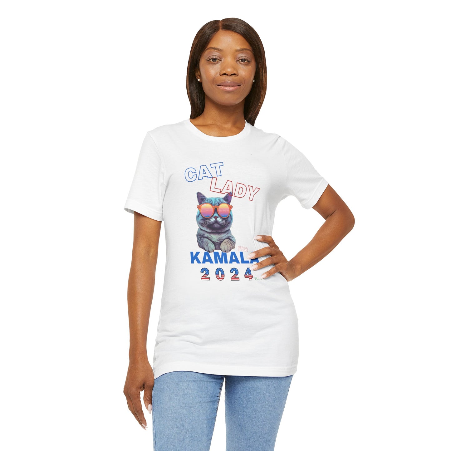 Cat Lady For Kamala Jersey Tee- Gray Cat, Double Sided Design